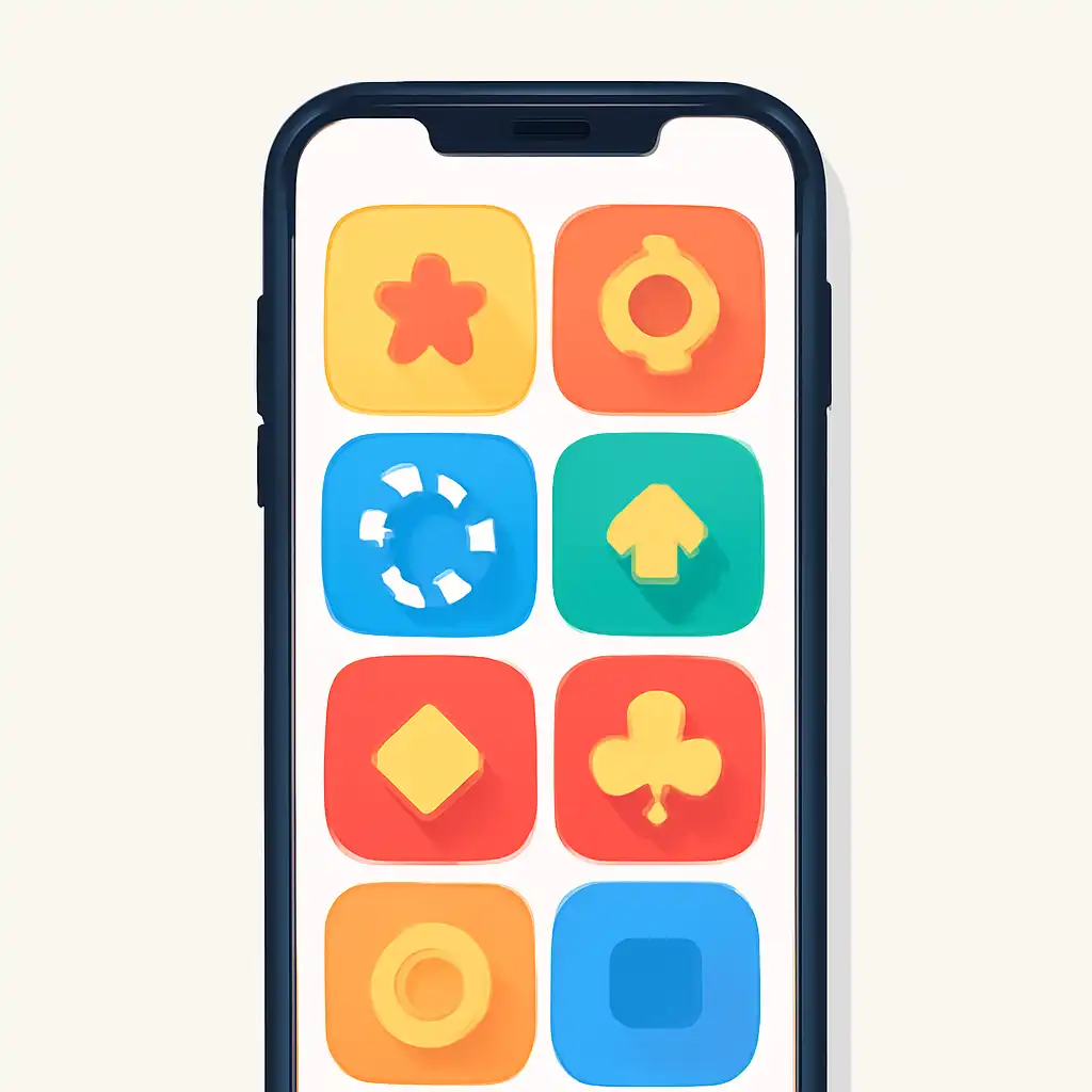 Smartphone shown from the front displaying a colourful flat layout of abstract game icons and rounded tiles (no text, no letters, no labels), 82 Lottery