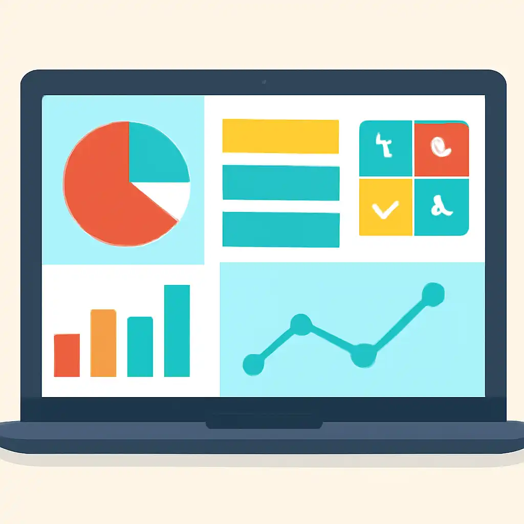 Laptop shown from the front displaying a colourful flat dashboard of abstract charts, bars and icon tiles (no text, no letters, no labels), 82 Lottery