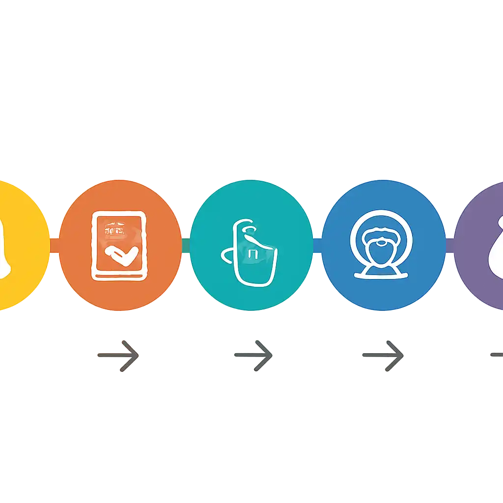 Five numbered circular icons connected by arrows in a horizontal flow, flat illustration, icons only, no words, 82 Lottery steps